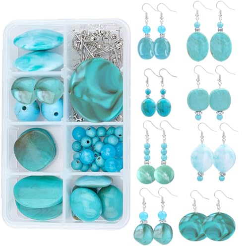 SUNNYCLUE 1 Box DIY 8 Pairs Acrylic Bead Drop Earrings Making Kits Flat Round Oval Rectangle Square Acrylic Beads & Synthetical Turquoise Beads & Earring Hooks for Beginner
