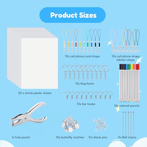 Auihiay 198 Pieces Shrink Plastic Kit Includes 20 Sheets Shrink Papers, Hole Punch, Keychain Accessories and Pencils for Shrinky Art and DIY Keychain Making Easter Mother Day Ornament - size: 198PCS