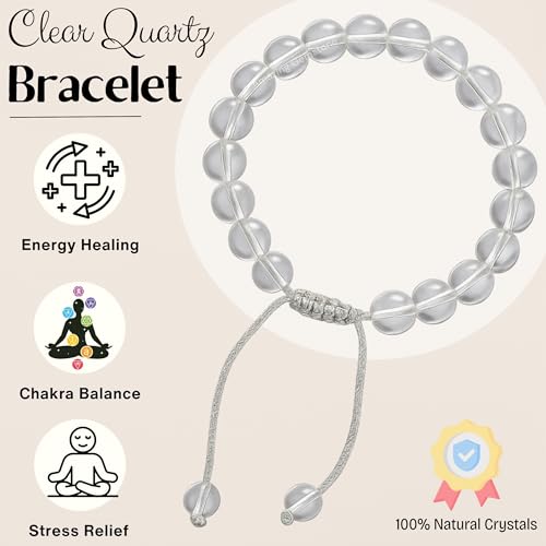 Amazing Gemstone Clear Quartz Bracelet, Gifts For Men & Women - Protection Healing Crystal Bracelet - 8mm Gemstone Beaded Adjustable Bracelet, Pulseras Para Hombres Mujer Stocking Stuffers - color: Clear Quartz