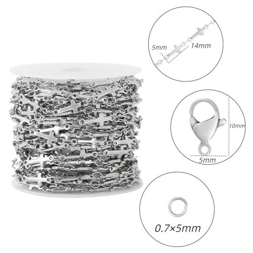5 Meters Stainless Steel Cross Link Chains in Bulk for DIY Men Women Jewelry Making with Lobster Clasps, Jump Rings (Silver) - color: silver