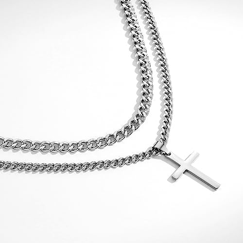 SENRAN Layered Cross Necklace for Men Boys Stainless Steel Layered Cuban Link Chain 16-24 inch Christian Cross Pendant Religious Jewelry Gifts - color: Silver, style: 16inch/18inch