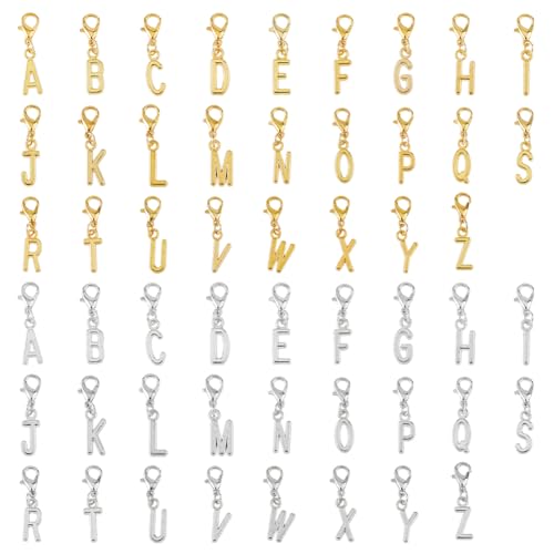 SUPERFINDINGS 104Pcs 2 Colors A-Z Alphabet Letter Charms Initial Letter Charm with Lobster Clasp Alloy Uppercase Letters Pendants for DIY Keychain Chain Bracelets Jewelry Making Craft - size: 30mm