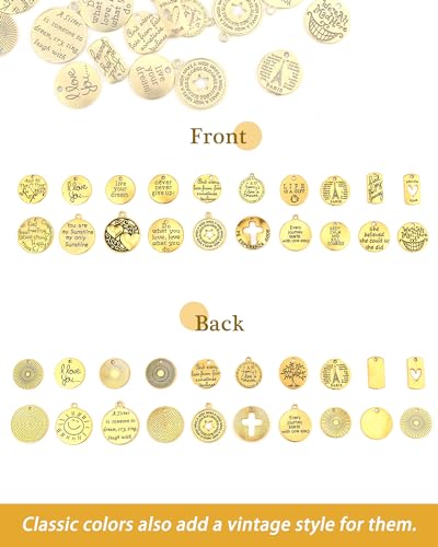 YETOOME 60 Pcs Antique Gold Inspiration Words Charms Engraved Motivational Charms Pendants for Jewelry Making Crafting Findings Accessory