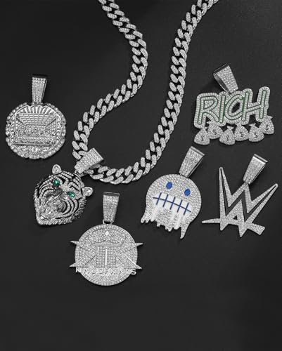 Lced Out Diamond Cuban Chain for Men | Hip Hop Miami Link Necklace Silver & Gold Plated Options with Pendant, 7-Pack Gift Set - color: Silver, size: 24 inches