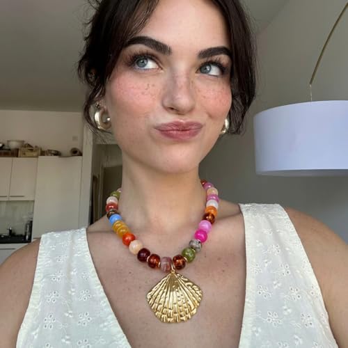 Chunky Beaded Starfish Shell Necklace for Women Colorful Boho Summer Chain Choker Beach Necklace with Acrylic Beads Trendy Chunky Jewelry Gifts - color: XL005E