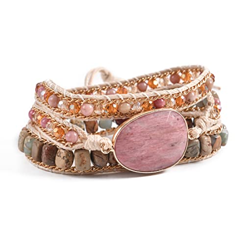 YGLINE Women Boho Handmade Natural Stone Crystal Leather Bead Wrap Bracelets Collection - color: Rhodochrosite 4