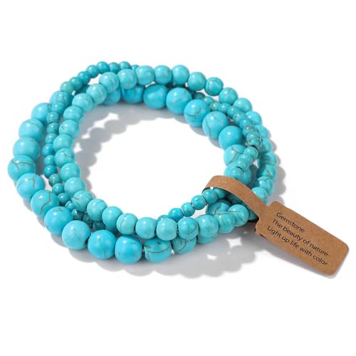3Pcs Healing Crystal Turquoise Bracelets for Women Men 8mm 6mm 4mm Natural Stone Beaded Stretch Bracelet Jewelry Gifts for Women Girl - color: T1-Turquoise