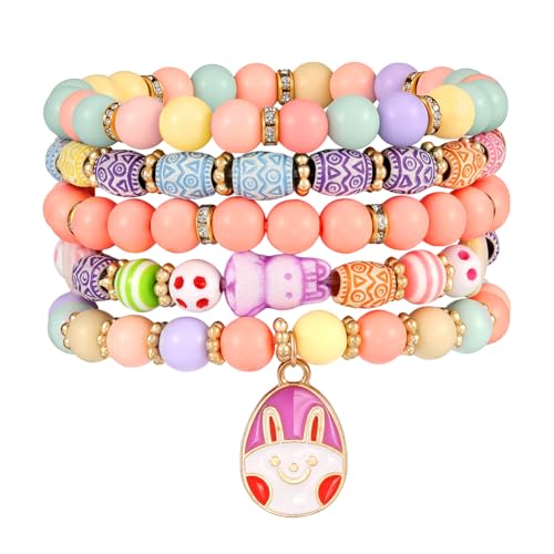 Emibele Colorful Stretch Bracelet Stack Boho Beaded Bracelet Set Heishi Surfer Bracelet Stackable Y2K Trendy Jewelry Friendship Multiple Set Women Fans - style: Colorful Easter 5PCS