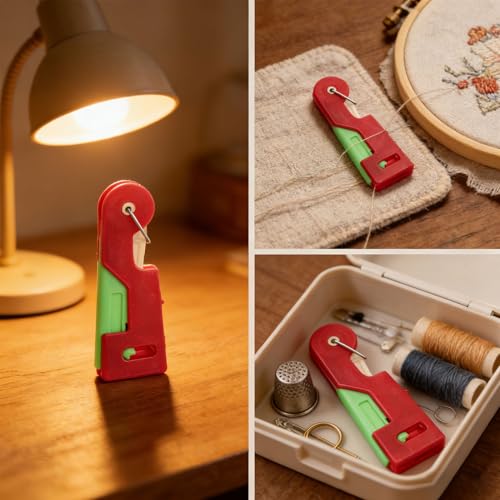Automatic Needle Threader Tool, 4 Pack Plastic Threaders for Hand Sewing & DIY, Easy Threading Device for Small Needle Eyes, Compact 2.66×0.9×0.25 in, Mixed Red/Green/Yellow, Sewing Accessories