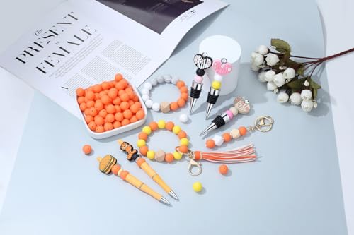 MAIBAOTA 120 Pcs Orange Silicone Beads 15 mm for Keychain/Pens/Bracelet/Necklace Making - Focal Loose Rubber Round Bulk Craft Supplies (With Boxed Kits) - color: Orange