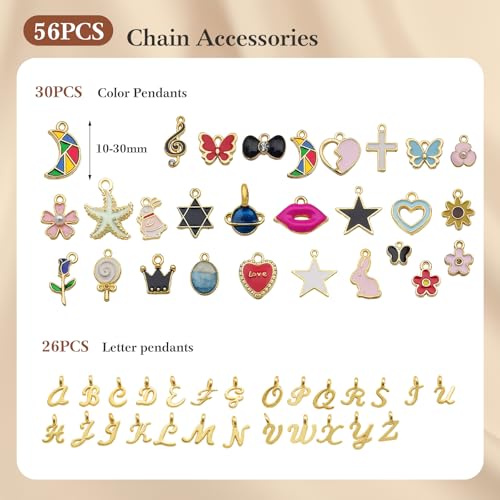 18K Gold Necklace Chain Kit for Jewelry Making, 20 Feet DIY Bracelet Chains with Jump Rings, Lobster Clasps, Connectors, Jewelry Pliers, 30 Colorful Graphic Charms & 36 Letter Pendants - color: 18k Gold-20 Feet 6 Rolls+Pendants