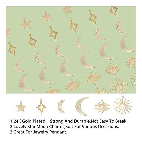Brass 18k Gold Plated Charms Brass Pave Cubic Zirconia Charms Real 18k Gold Plated Charm Assorted Crystal Sun Star Moon Charm for Bracelet Earring Jewelry Making - size: 15mm