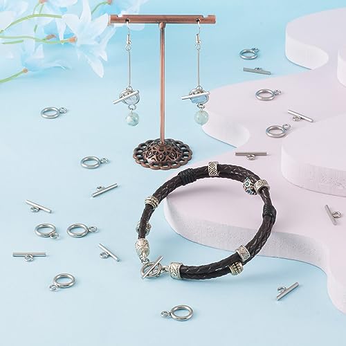KISSITTY 20 Sets 304 Stainless Steel Round IQ Toggle Clasps & Tbar Clasps for Necklace Bracelet Jewelry Making Silver Tone