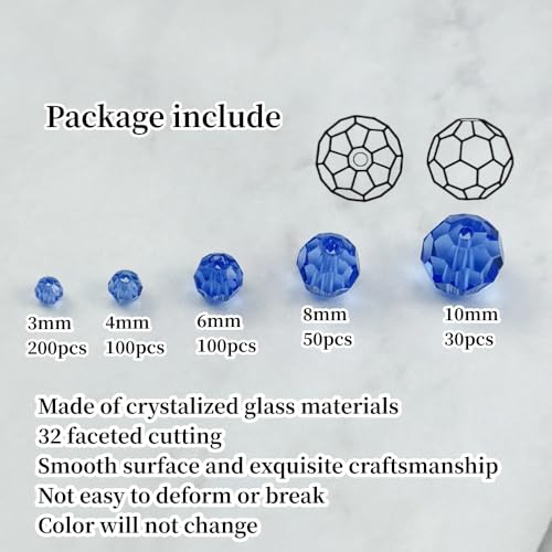480pcs Crystal Glass Beads 3mm 4mm 6mm 8mm 10mm Round Faceted Glass Spacer Beads for Bracelets Necklace Earring DIY Jewelry Making Craft(Light Blue) - color: Light Blue