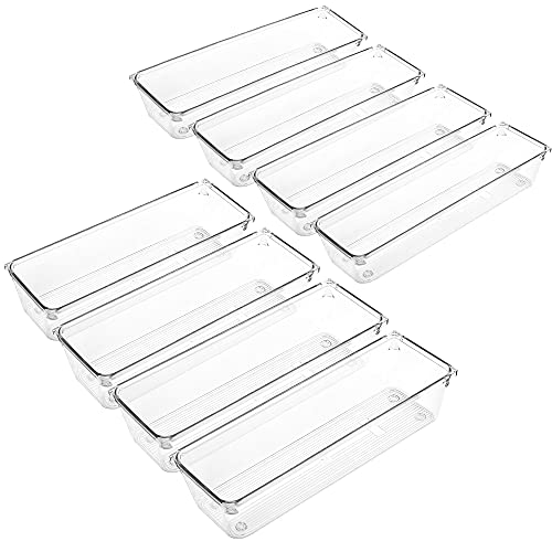 LotFancy 8 Pack Clear Plastic Drawer Organizers, 9.2''×3''×2'', Food Grade Storage Trays, Non-Slip Storage Bins for Kitchen Utensil, Silverware Cutlery, Bathroom, Office Desk, Makeup, Jewelry