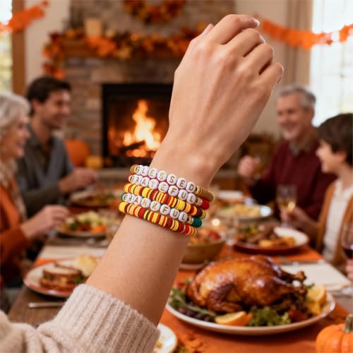 Thanksgiving Stackable Bracelet for Women Set Colorful Beads Rubber Ring Elastic Layering Letter Disc Maple Leaf Pendant Clay Stretch Fall Bracelets Fall Costume Bracelet Jewelry for Women - style: Style1