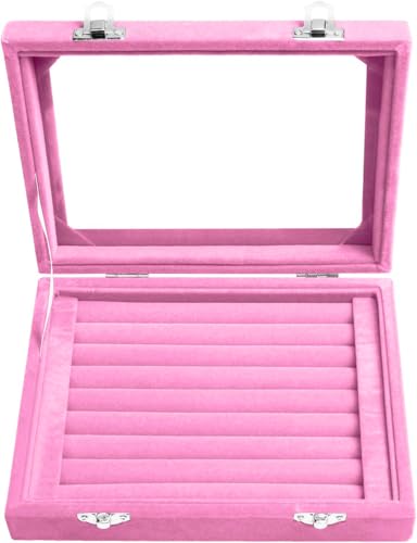 Jewelry Box Rings Organizer Tray 7 Slots Velvet Earring Storage Box With Transparent Lid Jewelry Display Case for Women (Light Pink) - color: Light Pink