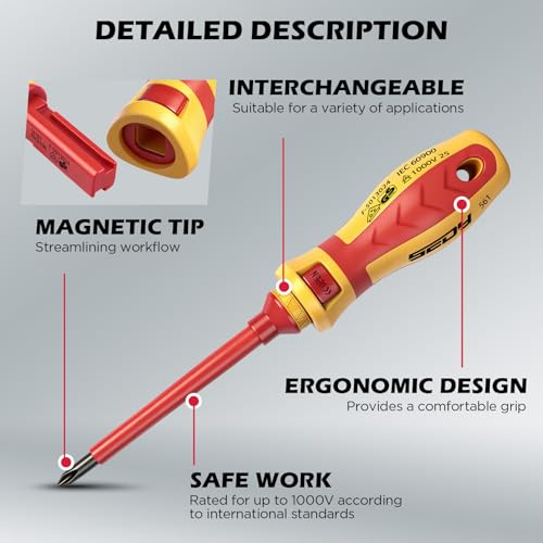 1000V Insulated Electrician Screwdriver Set - 13-Piece Professional Electrical Screwdriver Set Insulation Handle CRV Steel Magnetic Phillips Slotted Pozi Torx Tips VDE & GS Certified - style: 13 PCS VDE Interchangeable Pro
