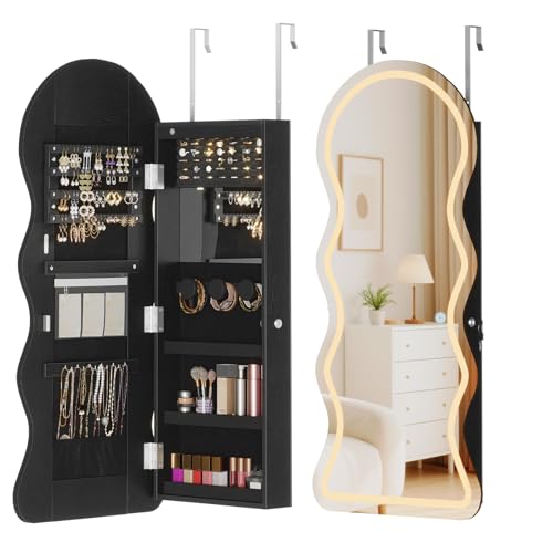HOOBRO LED Mirror Jewelry Cabinet, Wall/Door Mounted Jewelry Organizer, Jewelry Aromire with Wavy Mirror Full Length, Lockable Cosmetics Storage Cabinet, Interior Mirror, 16.5" x 4.1" x 43.3", Black - color: Black