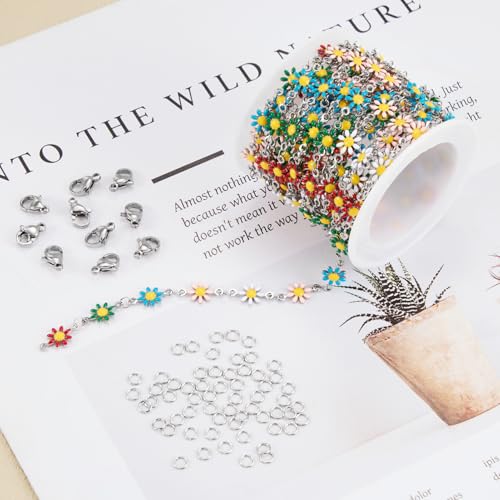 SMYHTGLIF 9.8 Feet Colorful Flower Chain for Jewelry Making Silver Stainless Steel Daisy Chain Bulk DIY Craft Jewelry Making Supplies - color: Colorful Silver