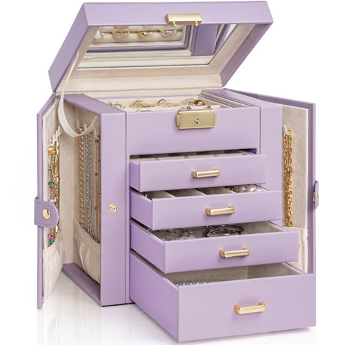 AKOZLIN 5-Tier Jewelry Box Leather Jewelry Storage Organizer with 4 Drawers Lockable for Women Girls Ring Necklace Earring Bracelet Watches Holder with Mirror Purple - color: Purple-gold, size: Regular-5 Layer