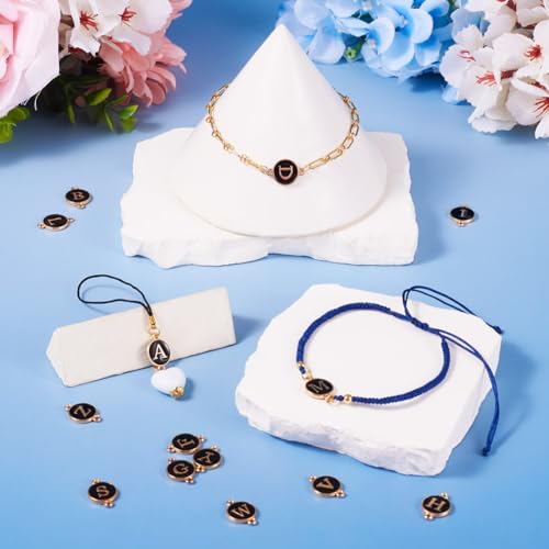 KISSITTY Flat Round with Alphabet Connector Charms Alloy Enamel Letter Links Connectors for DIY Bracelet Earring Jewelry Making - color: Black