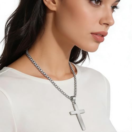 Cross Necklace for Men Silver Premium Alloy Solid Color Cross Pendant Necklace for Men Women Teens - color: Silver-Stainless Steel-28inch
