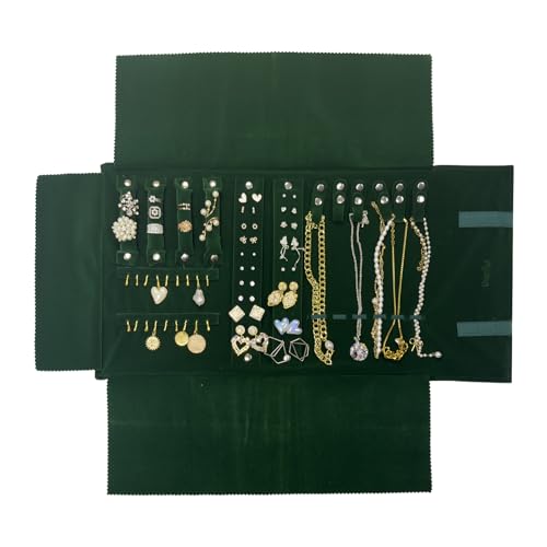 UnionPlus Velvet Travel Jewelry Case Roll Bag for Necklaces Brackets, Great Jewelry Organizer for Travel, Multi Jewelry Organizer, Blackish Green - color: Blackish Green Multi, size: Medium