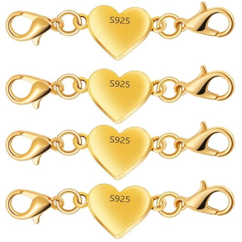 925 Silver Heart-Shaped Magnetic Necklace Clasps and Closures, Magnetic Clasp Converter for Jewelry Making Supplies,Chain Extender Connector for Necklace Bracelet (4pcs Gold) - color: 4pcs gold