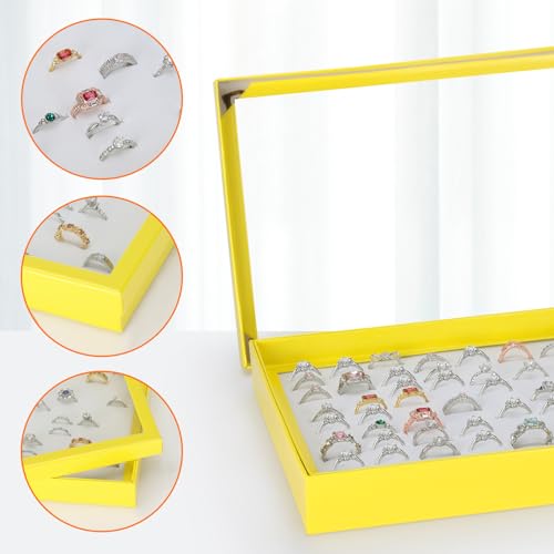 KUKUVR 100 Slots Ring Earring Holder Display Case, Velvet Jewelry Ring Earring Storage Organizer Box Tray with Clear Lid for Women And Selling Show (Yellow) - color: Yellow