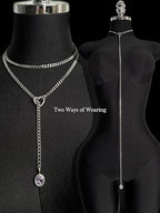 Heart Slip Chain Necklace for Women, 39 Inch Cuban Chain, Removable Heart O-Ring, Crystal Pendant, Adjustable Stainless Steel Y-Necklace - color: Silver-Purple
