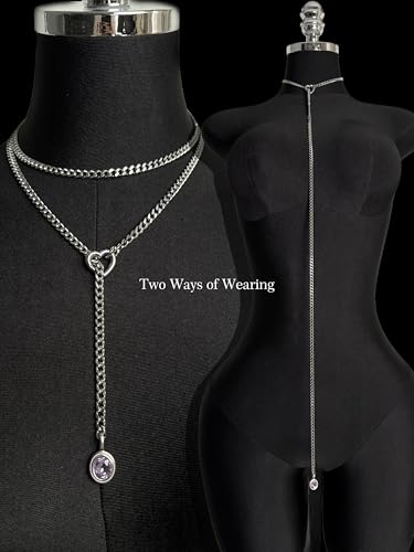Heart Slip Chain Necklace for Women, 39 Inch Cuban Chain, Removable Heart O-Ring, Crystal Pendant, Adjustable Stainless Steel Y-Necklace - color: Silver-Purple