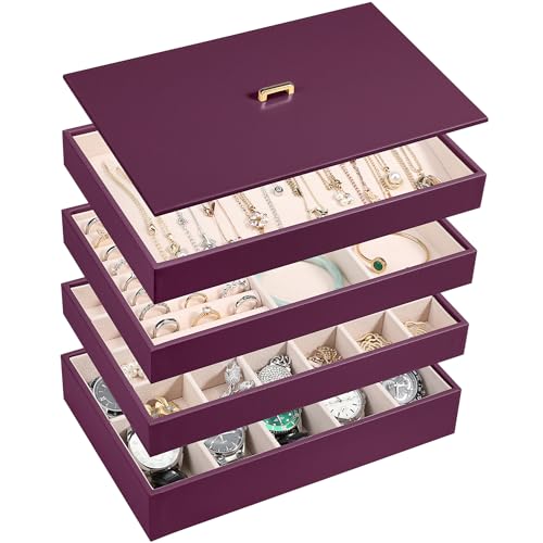 Voova Stackable Jewelry Organizer Tray with Lid, PU Leather Jewelry Storage Holder for Drawer Inserts, Jewellery Display Box Case for Earring Necklace Ring Watch Bracelet (Set of 4, Purple) - color: Purple