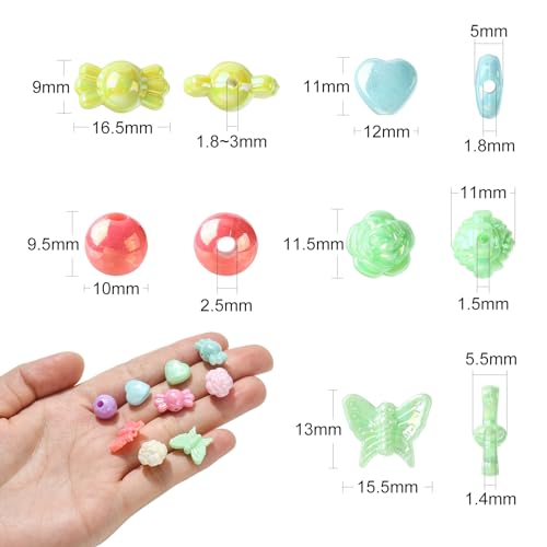 Ipotkitt 1 Box AB Color Opaque Acrylic Beads Candy Color Spacer Bead Kit Round Heart Butterfly Candy Rose Beads for Bracelets Jewelry Making DIY Crafts - color: 1box-Mixed Shapes-9~13mm