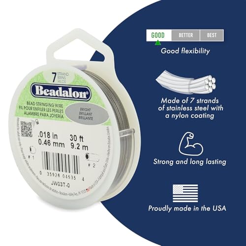 Beadalon 7 Strand Stainless Steel Bead Stringing Wire, 0.015 in / 0.38 mm, White, 30 ft / 9.2 m - color: White, style: .015 in / 0.38 mm , 30 ft / 9.2 m