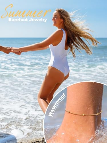 U7 Women Girls Barefoot Jewelry 18K Gold or Rose Gold Stainless Steel Heart/Rope/Figaro/Cuban Chain Anklet Foot Bracelet, 25-30 CM Long - color: Gold Plated-Bead Chain