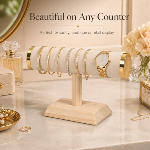 Jewelry Display T-Bar Stand – 9 inch Beige Textured Velvet Bracelet Holder with Gold Metal Ends, 1-Tier Jewelry Organizer with Natural Pine Base, Bangle & Watch Display for Retail & Vanity - color: Beige Textured Velvet