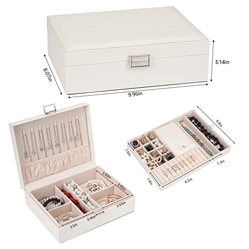 Jewelry Organizer Box for Girls Women - Double Layer Large Travel Jewelry Case with Gift Box/White - color: White