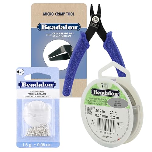 Beadalon 7 Strand Bundle 2, Jewelry Making Tool Kit, 7 Strand Stainless Steel Bead Stringing Wire (0.012" Dia., 30' L), Silver Plated Crimp Beads Size #0, Micro Crimp Tool