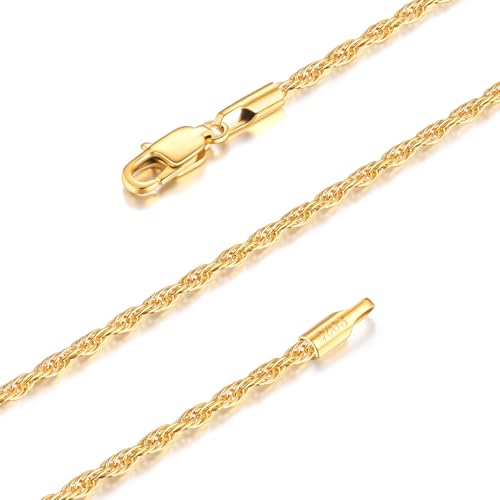 Italian Solid 14K Gold Plated 925 Sterling Silver Chain Necklace for Women, 1.5mm & 2.5mm Dainty Non Tarnish & Hypoallergenic Rope Chain Women's Chain Necklaces 16 18 20 22 24 26 Inch - color: 1.5mm 14K Gold Plated, size: 20 Inch (Men's Average Length)