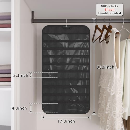 1 Pack Hanging Jewelry Organizer 80-Pocket Dual-sided Jewelry Storage for Earring Necklace Bracelet Ring Travel Holder, Black - color: Black