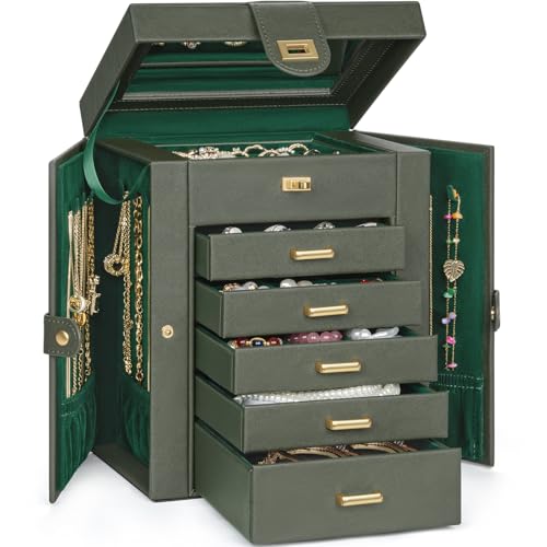 AKOZLIN Jewelry Box Organizer Functional Leather Jewelry Storage Case for Women Girls Ring Necklace Earring Bracelet Holder Organizer with Mirror - color: Drak Green, size: Regular