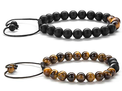 Hamoery Men Women 8mm Tiger Eye Stone Beads Bracelet Elastic Natural Stone Yoga Bracelet Bangle - color: 2 Pcs Set 1-21018
