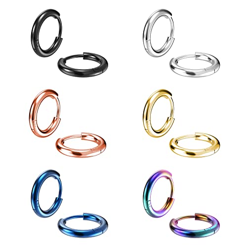 316L Surgical Stainless Steel Small Hoop Earrings 8mm 10mm 12mm 14mm Hypoallergenic Huggie Hoop Earrings Helix Lobes Hinged Sleeper Earrings Cartilage Piercings - color: D: Diameter 14mm (6 Color),6 Pairs