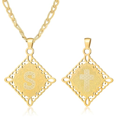 LETFLY Initial Necklaces for Women Men, 18K Gold Plated Letter Cross Pendant Necklace Alphabets A-Z Figaro Chain Jewelry Gifts - color: Rhombic, style: Letter S