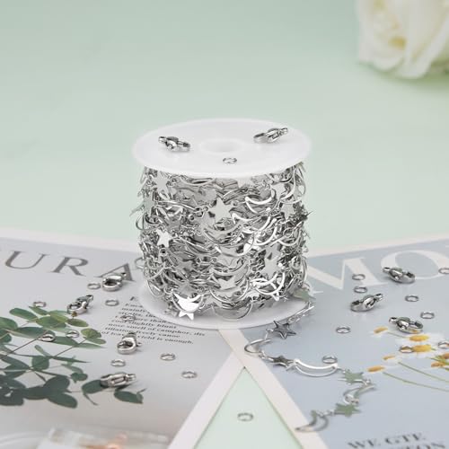 KYUNHOO 13 Feet Stainless Steel Chain for Jewelry Making Silver Moon Star Links Chain Roll with Lobster Clasps and Jump Rings - color: Star Silver