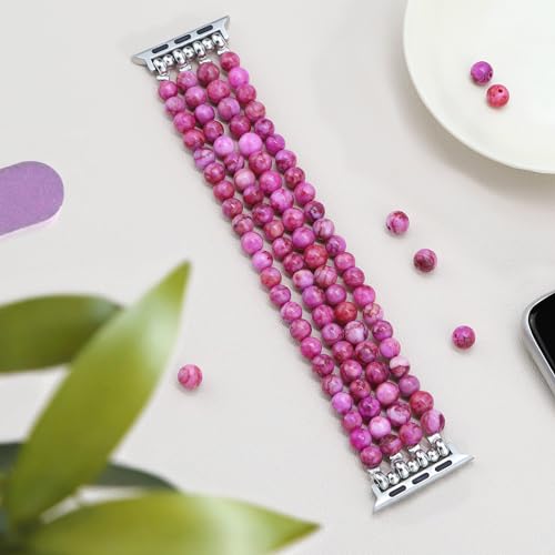 Newlibery Natural Stone Bracelet Beaded-Band Women Compatible with Apple Watch 42mm(S3/2/1) 44/45/46/49mm Feminine Handmade Stretch Strap for iWatch Series 11/10/9/8/7/6/5/4/3/2/1 SE 3/2/1 Ultra1/2/3 - color: A9 Rose Red, size: 46(S10/11)/49/45/44/42mm(S1