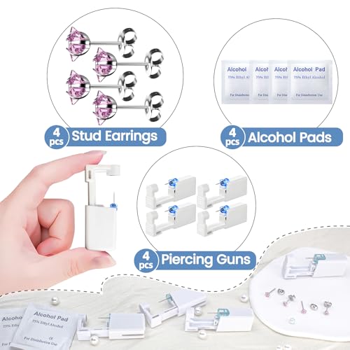 Nunpag 12 Pcs Ear Piercing Kit Disposable Ear Piercing Gun Kit with 4 Pcs 5 Prong Setting Cubic Zirconia Pink Star Earrings Stud 316L Stainless Steel Easy to Use Self Ear Piercer Gun Kit Tool Silver - color: Silver-Pink-Star
