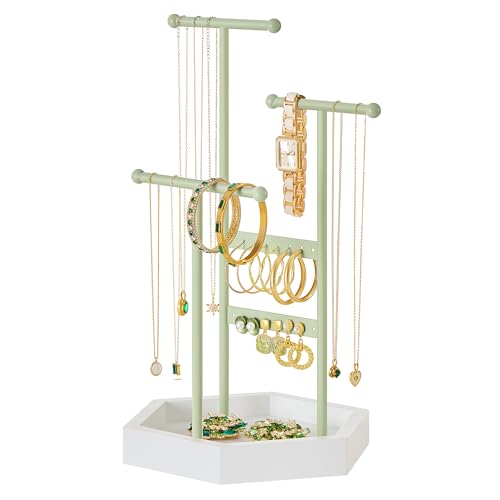 SONGMICS Jewelry Holder, Jewelry Organizer, 3 Tiers and 1 Tray, Jewelry Display Stand with Metal Frame, Necklace Earring Bracelet Holder, for Rings, Laurel Green and Cloud White UJJS003C01 - color: Laurel Green + Cloud White, size: 1 Pack