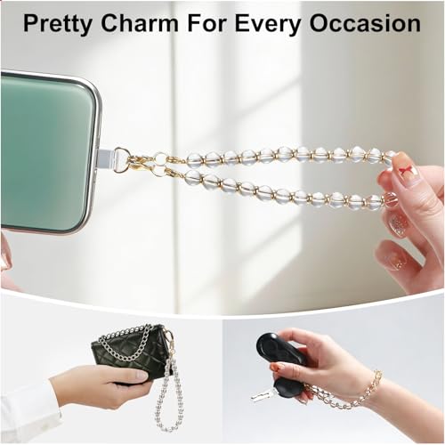 TEAMOLA Natural Stone Phone Charm, Handmade Crystal Cellphone Chain for Universal, Beaded Healing Anti Theft Phone Wrist Strap with Tether Tab, Clear Quartz - color: Clear